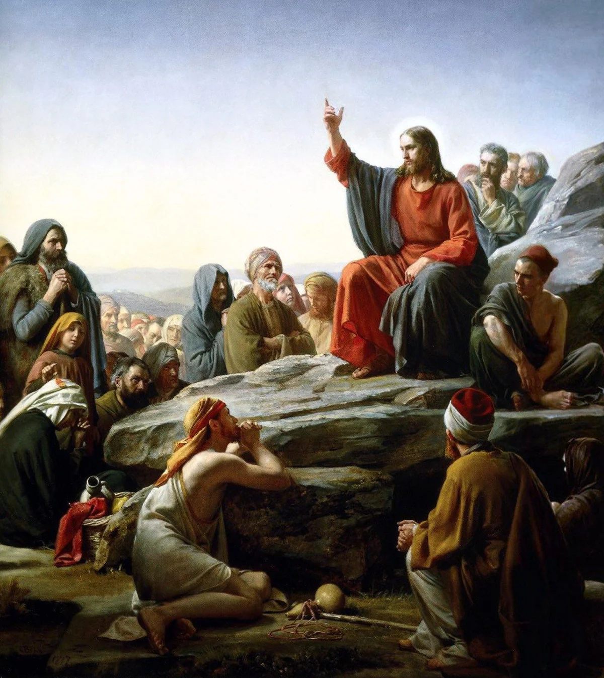 Pintura 'O Sermão da Montanha' de Carl Bloch, mostrando Jesus Cristo ensinando a uma multidão sentada.