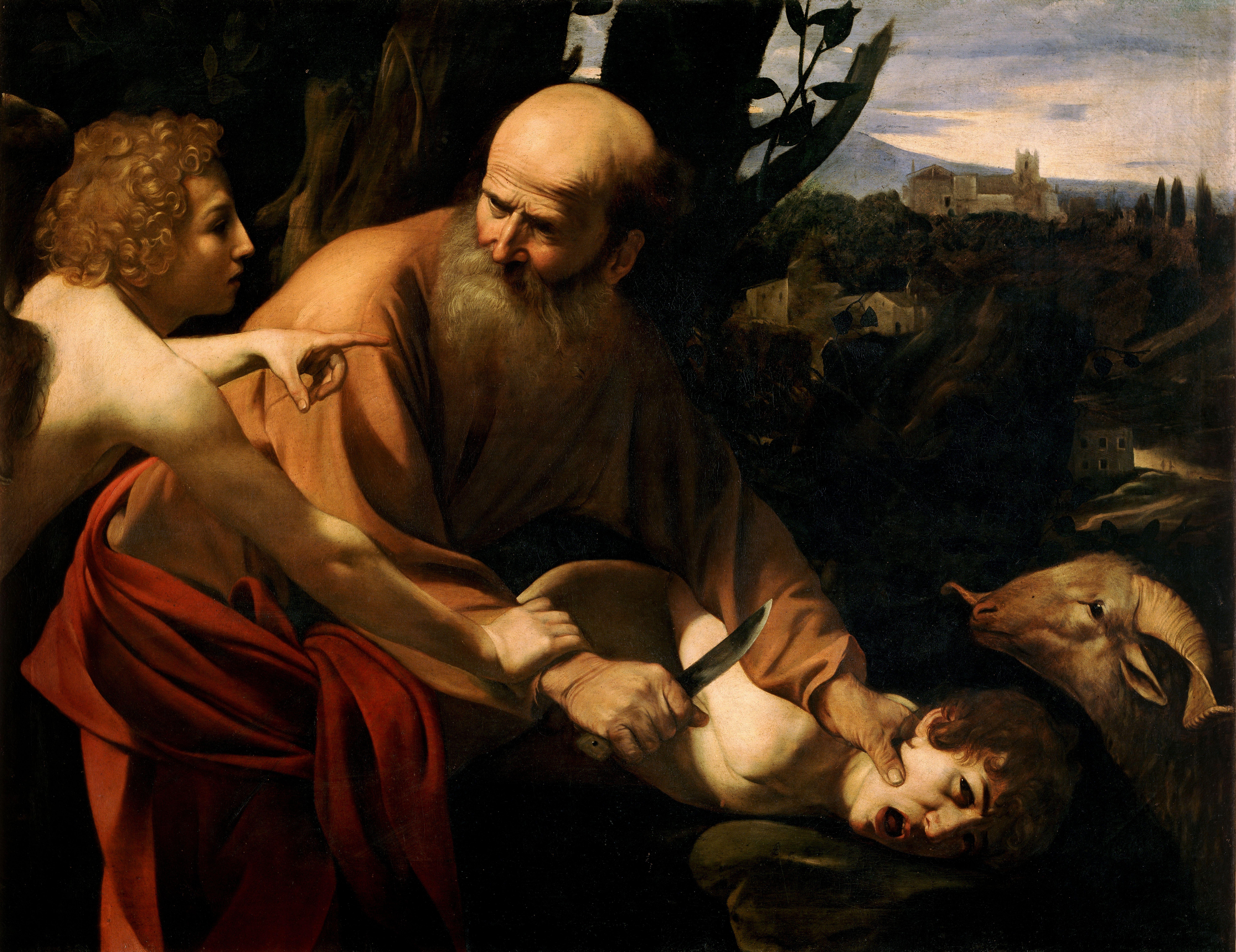 Obra de Caravaggio, O Sacrifício de Isaac. Um anjo detém a mão de Abraão, que estava prestes a sacrificar seu filho Isaac.