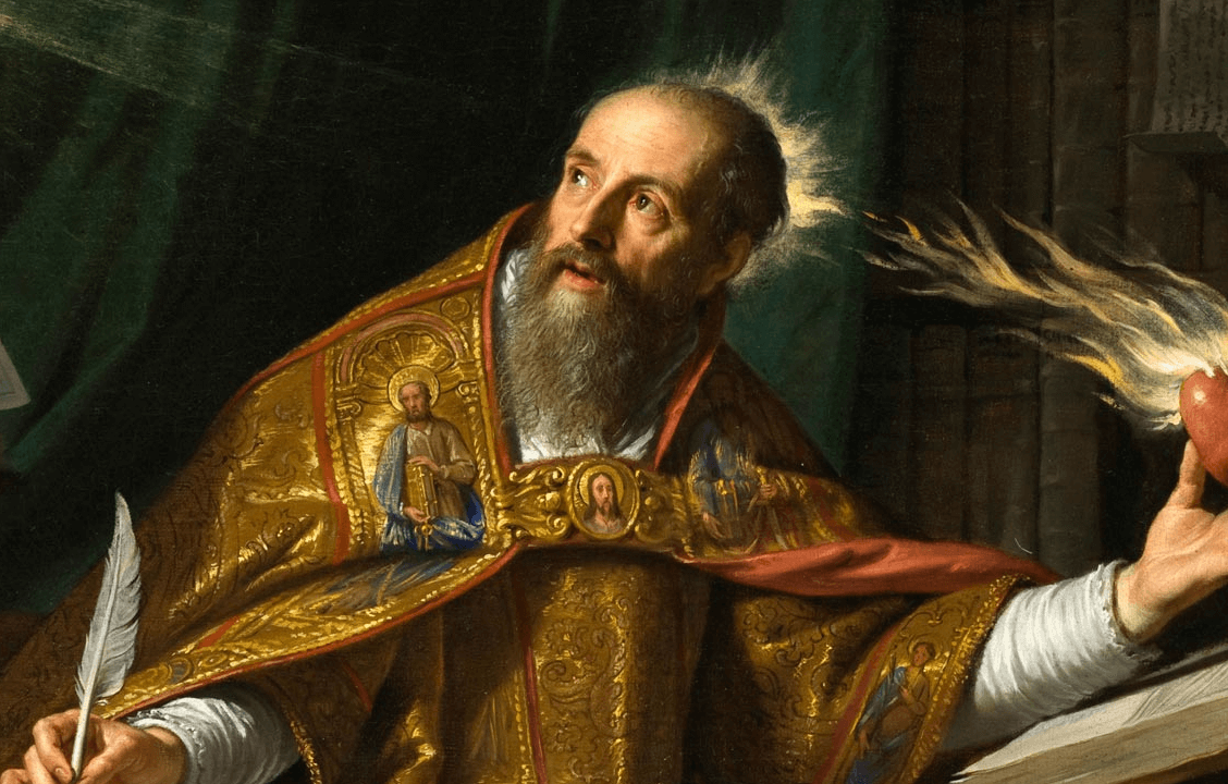 Retrato em pintura clássica de Santo Agostinho, Doutor da Igreja. 
            É um homem mais velho, com barba e auréola, vestindo uma suntuosa capa dourada. 
            Em sua mão direita, segura uma pena de escrever, e na esquerda, um coração vermelho em chamas. 
            Seu olhar se dirige para o alto, com livros e uma estante ao fundo.